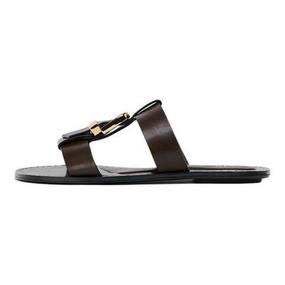 Coole Retro Metallschnalle Doppelriemen Runde Zehenpartie Flache Anti-Scheuer Pantoletten Damen Sandalen Braun 13619510700-38