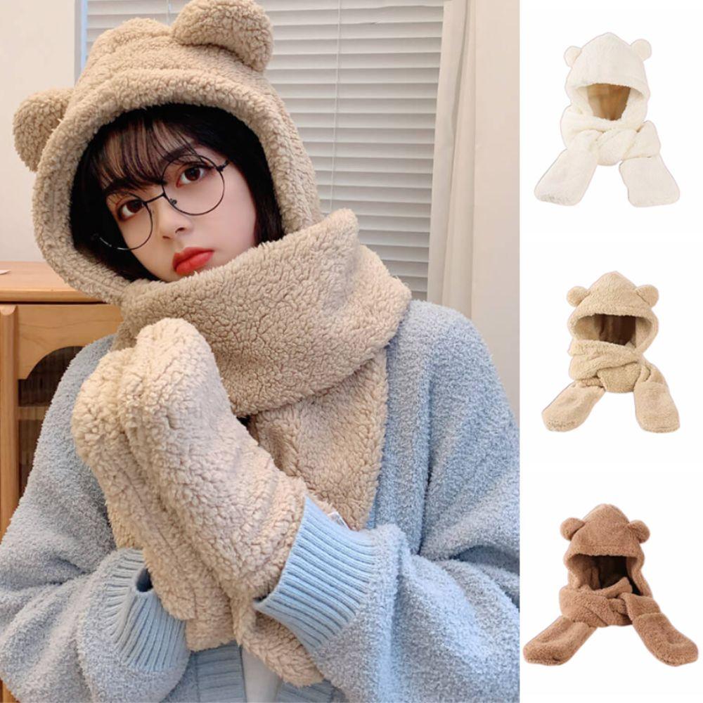 3 in 1 Plush Scarf Hat Gloves Earmuffs Fleece Scarves Hat Sweet Bear Ear Plush Beanie  Autumn
