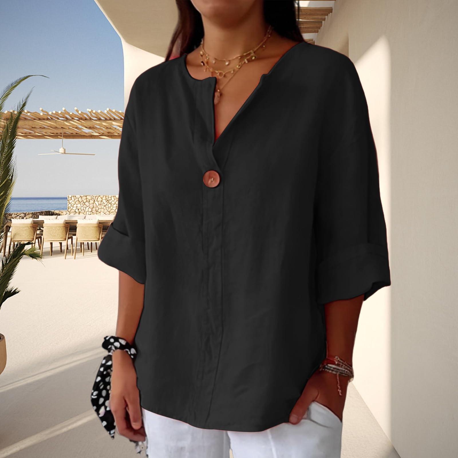 

Женская модная повседневная хлопково-льняная блузка с V-образным вырезом и рукавами 3/4 на пуговицах XXXXXL чёрный