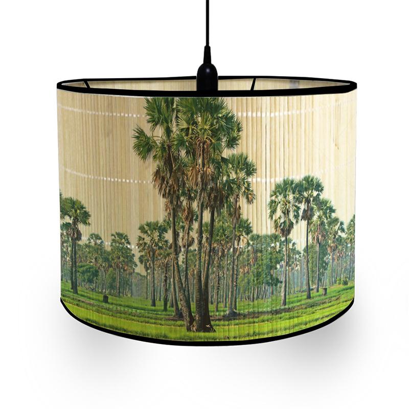 Nordic Green Plant Painting Bamboo Lampshade Abstract Retro Style Light Cover Chandelier Room Hotel Decor Bamboo Art Light Shade