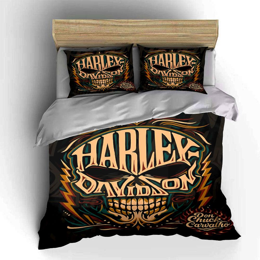 Calavera, llamas, logo de Harley-Davidson. Juegos de cama Juegos de fundas nórdicas Fundas nórdicas Fundas de almohada(1 * Funda de edredón 2 * Fundas de almohada sin relleno de edredón)