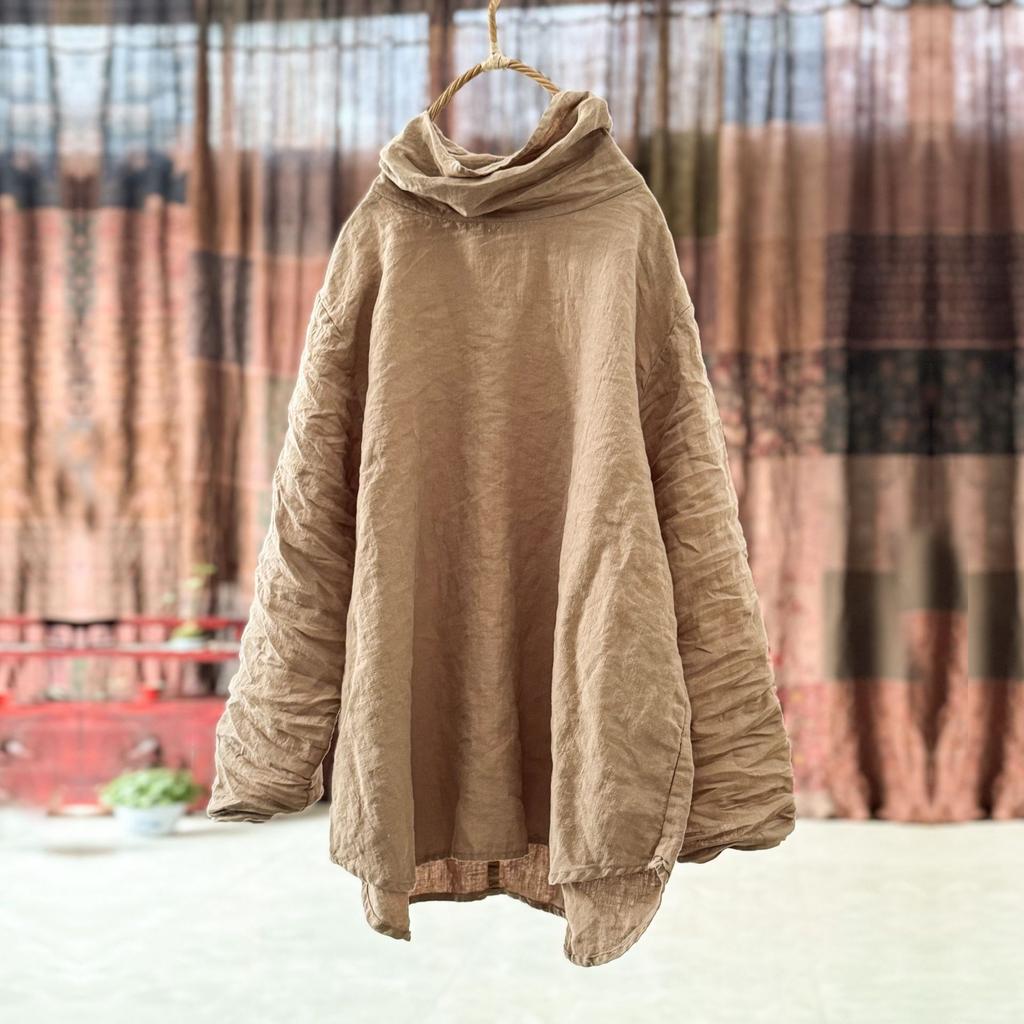 Johnature Tricouri de damă Culoare uni Gât înalt Mânecă lungă Primăvară Vintage Femei Tricouri largi