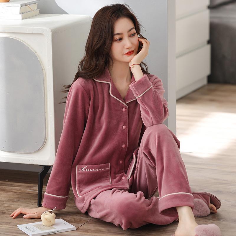 Pajamas Women'S Autumn And Winter Thin Velvet Warm Coral Velvet Winter Island Velvet Large Size Flannel Spring And Autumn Loungewear Set