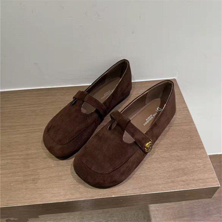 Korean Version of Retro Round Head Flat-bottomed Loafers for Women's 2025 Autumn and Winter New Suede Versatile and Thin Mary Jane Single Shoes F