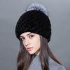 Women Winter Real Mink Fur Beanie Hat With Sliver Fox Pompom Warm Woven Knit Lined Caps Female Fashion Winter Hat