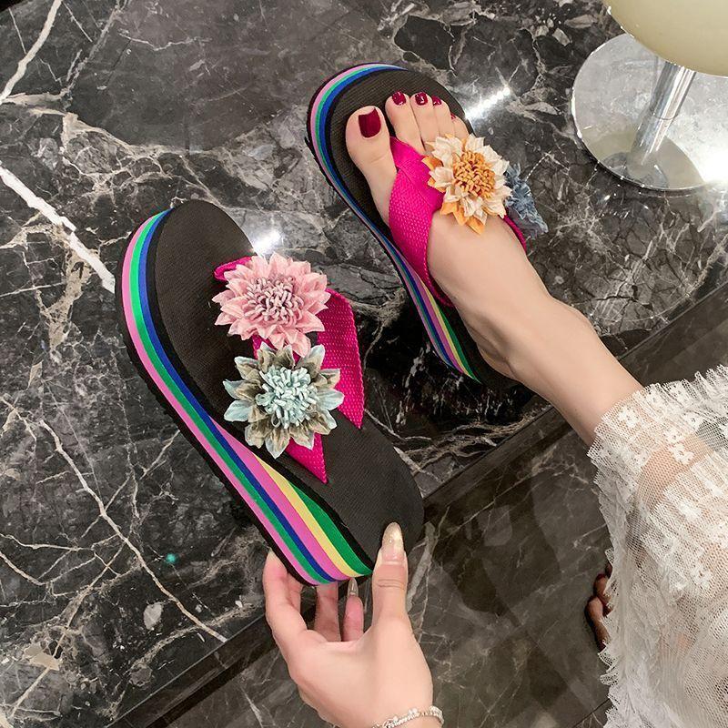 Fairy flower high heel one-word slippers female summer wear 2025 fashion with skirt thick bottom slope heel cool slippers