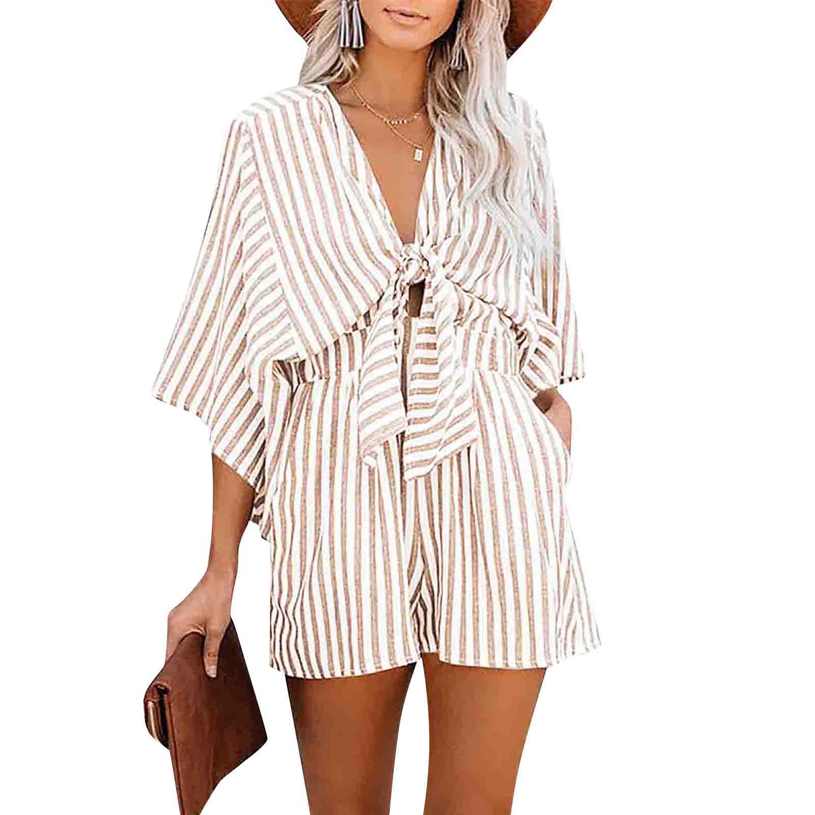 

(Куниде) Летний женский пляжный курортный стиль, полосатый комбинезон с завязками и полурукавами, v-образным вырезом, облегающий эластичный комбинезон с талией M хаки