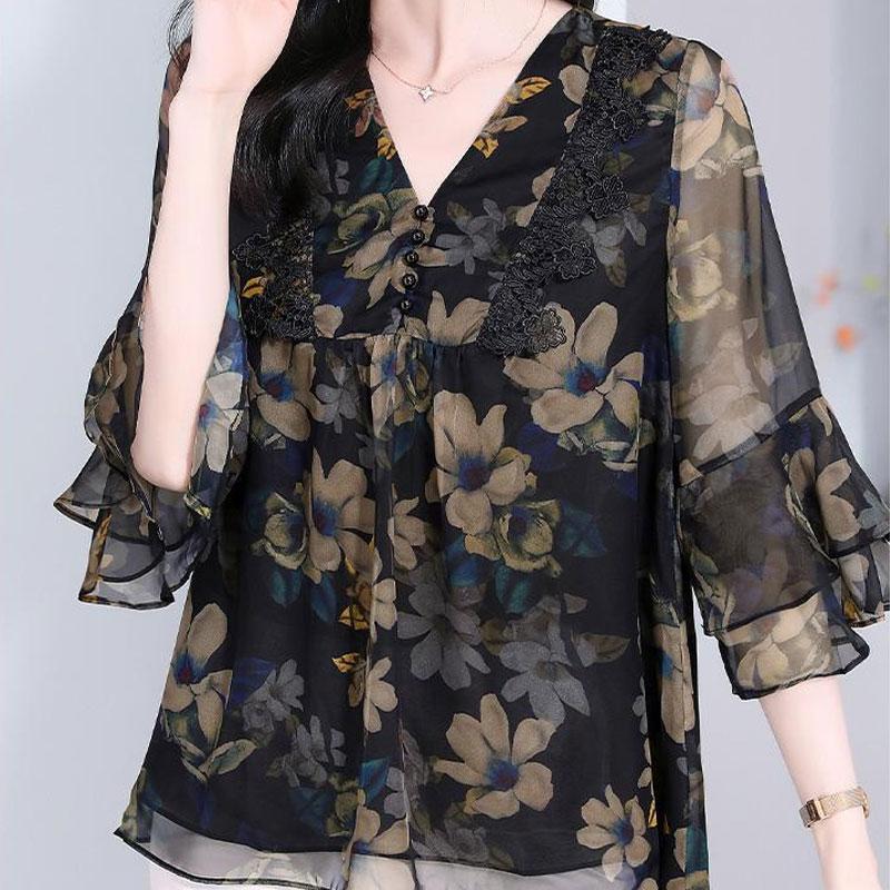 Flowers Shirt Women's Clothing Chic Lace Patchwork Elegant V-Neck Summer Ruffles Half Sleeve Casual Loose Blouse