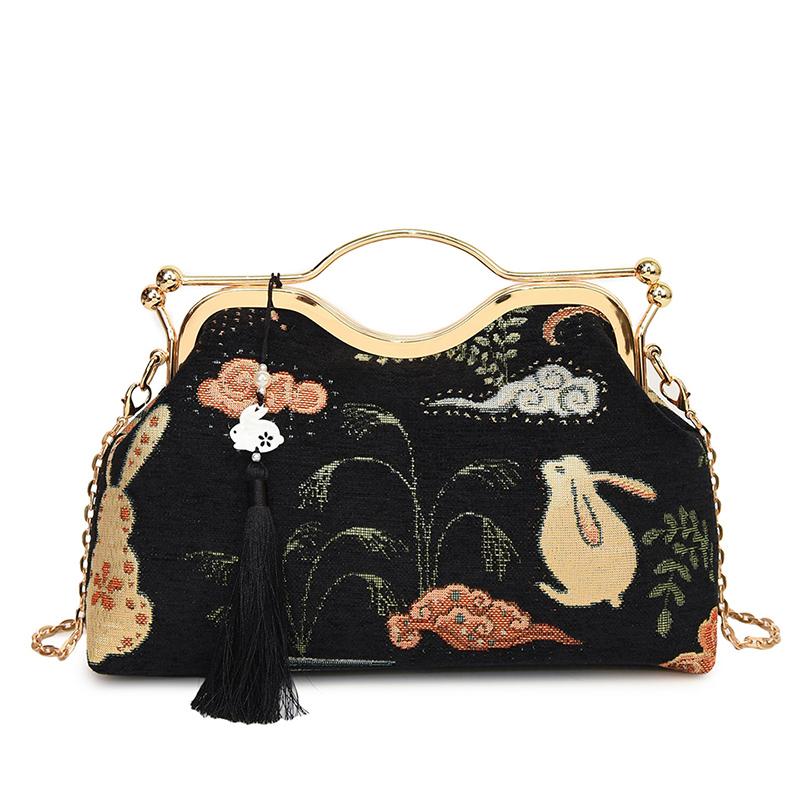 Nouveau Sac à Main Brodé Élégant Mode Femme Poignée Métallique Sac d'Épaule avec Longue Chaîne Sac Bandoulière Cadeau Dames portefeuille