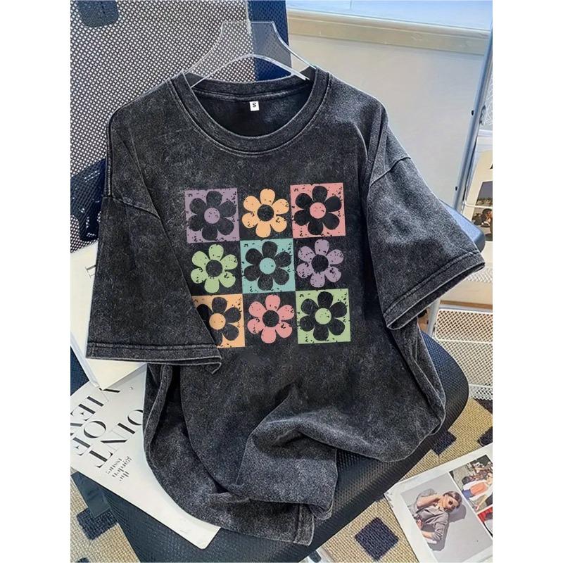 

Men S Vintage Floral Print T-Shirt | Sleeve Crew Neck Tee with Colorful Flower Design, Casual Streetwear Style for Casual Attire, All-season Tshirt S чёрный