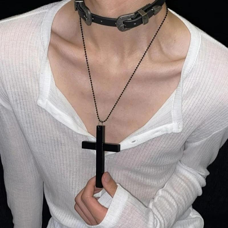 Neue Gothic Coole Y2K Holz Kreuz Anhänger Halsketten Unisex Schwarz Weiß Rot Hip Hop Charme Kette Choker Halskette Mode Schmuck