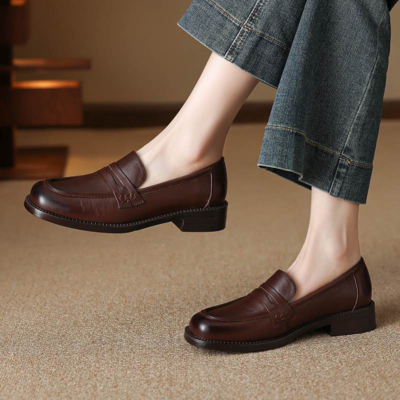 Krazing Pot Kuhleder Runde Zehenpartie Größe 42 Slipper Dicke Mittelhohe Absätze Zum Hineinschlüpfen Gladiator Braun Schwarz Farbe Herbst Pumps