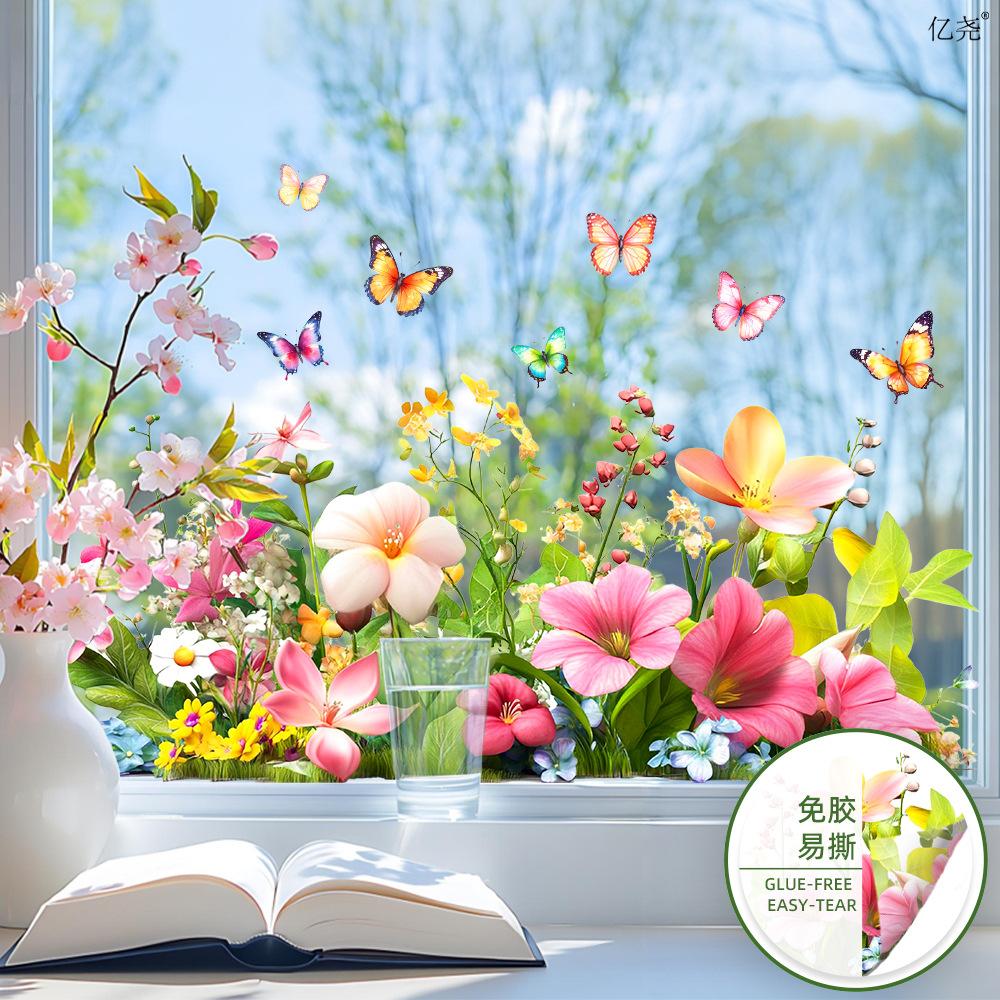 Wiosenna Świeżość Kolorowy Bukiet Kwiatów Naklejki Motyle na Okno, Statyczne Naklejki PVC do Dekoracji Okna w Pokoju