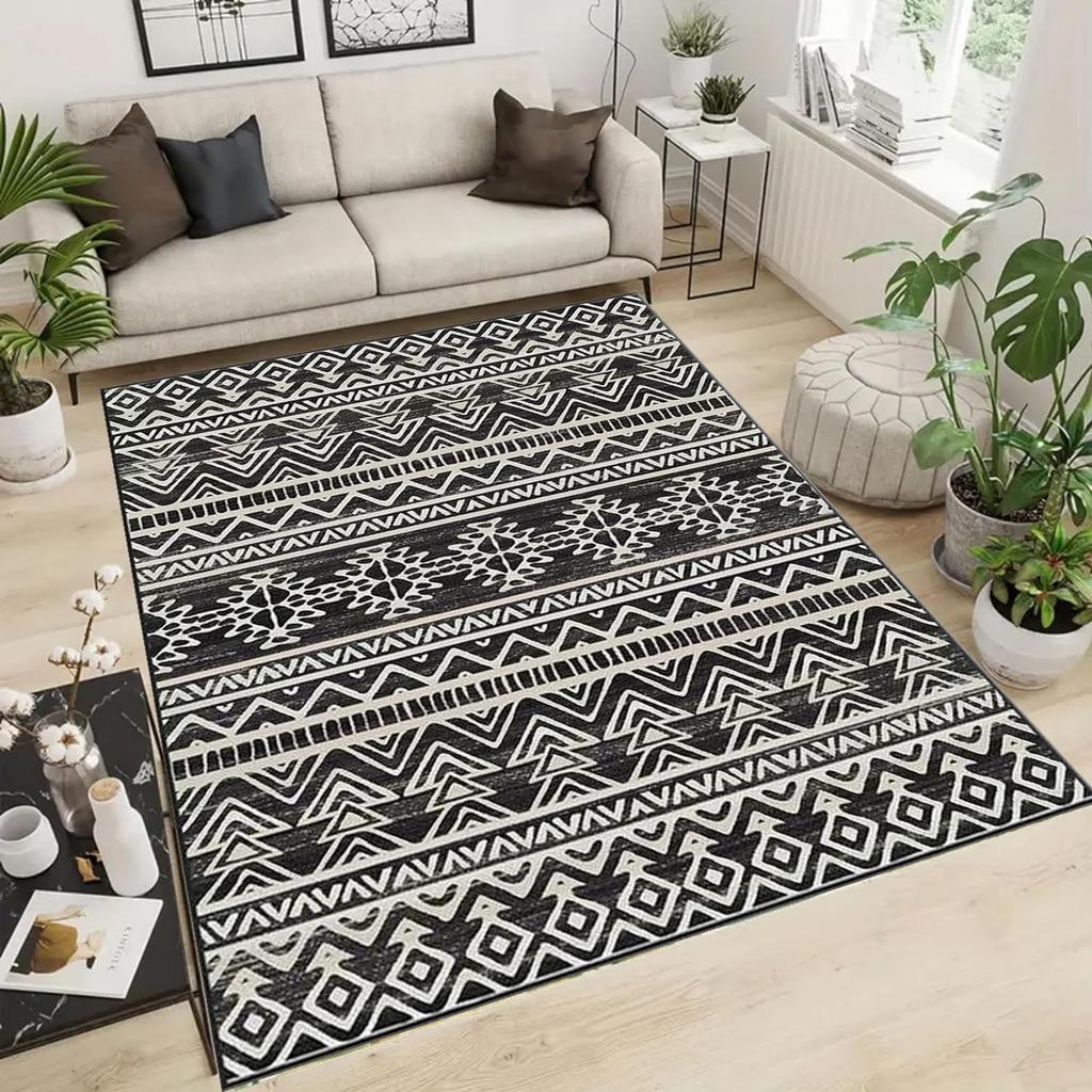 Moroccan Black and White Area Rug Moroccan Farmhouse Area Rug Soft Non-Skid Machine Washable Living Room Carpet