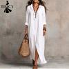 Women's Fashion Spring Autumn Solid Color Print Long Sleeve V-Neck Loose Waistline Casual Dresses