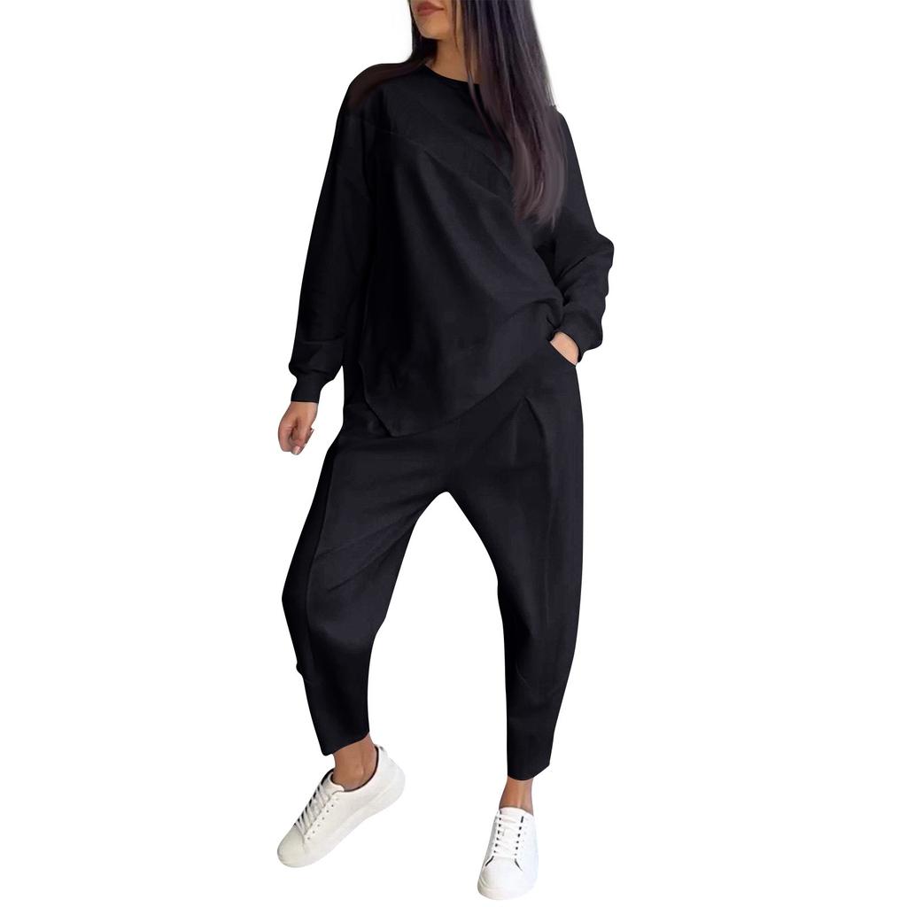 Women's Fashion Color Round Neck Long Sleeved Loose Irregular Sweatshirt Set
