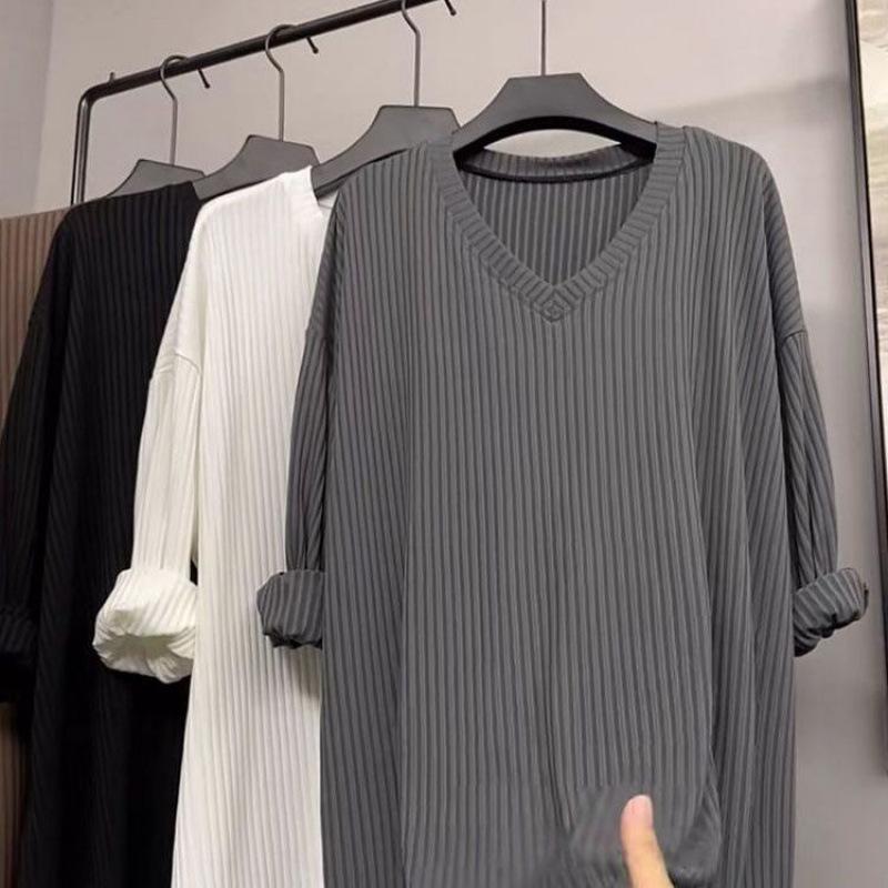 

Футболка в полоску из смесовой шерсти в корейском стиле с длинными рукавами для женщин больших размеров 4XL 240-300 lbs