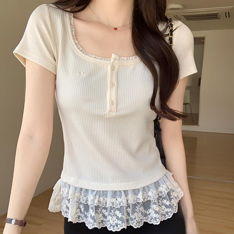 

Женский облегающий кружевной топ с U-образным вырезом и короткими рукавами в балетном стиле M [Premium] бежевый