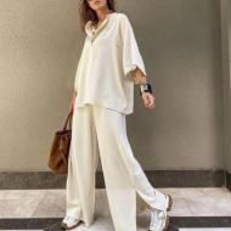 Solid-color Loose Two-piece Women's Casual Loose Pants Set, Women's Retro Women's Clothing
