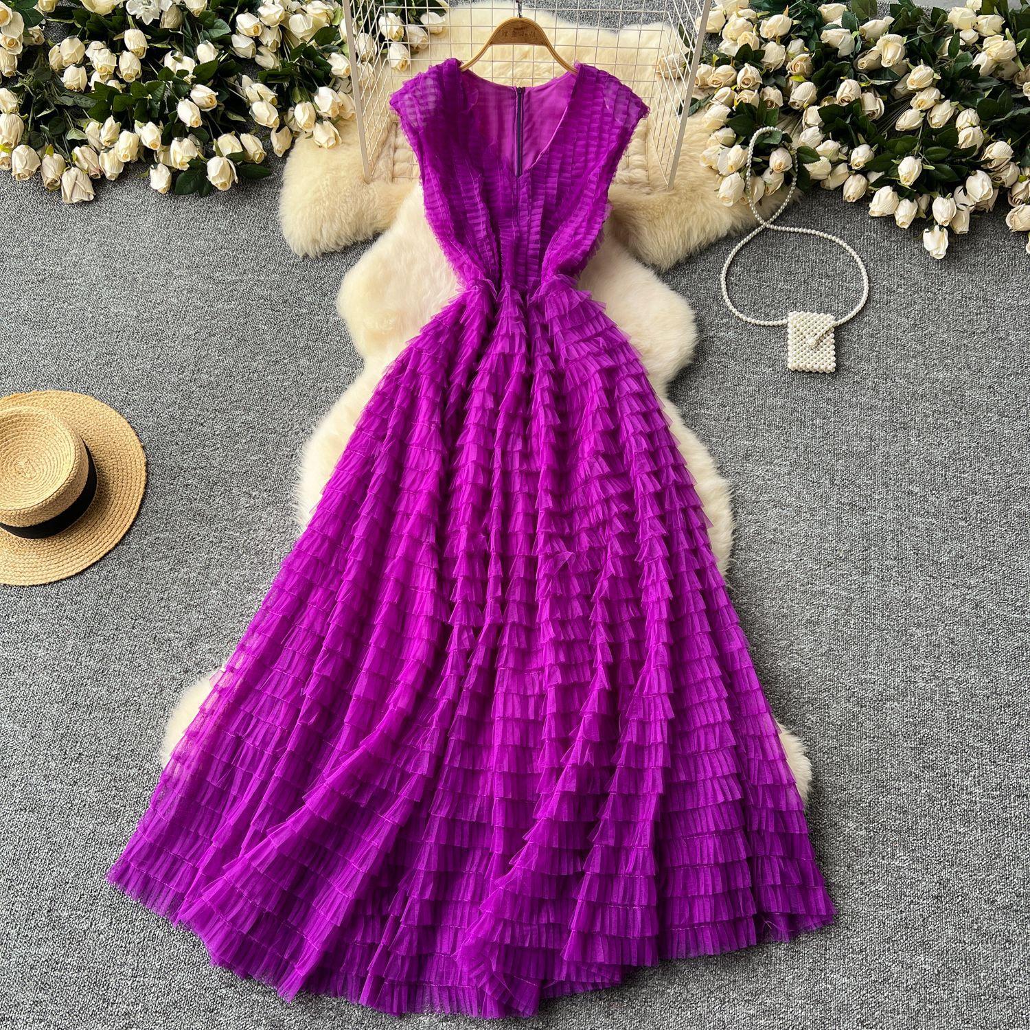 

Французское платье женское с V-образным вырезом, тяжелая плиссированная сетка, талии, пышное длинное платье-торт One size