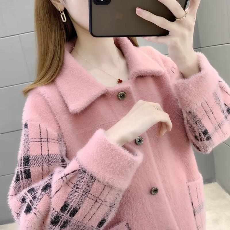 Jachetă din catifea din nurcă imitație pentru femei, primăvară, toamnă, jachete pentru mama coreeană, pulover din nurcă imitație, cardigan pentru femei, nasturi