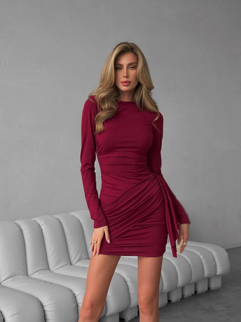 2026 Women's Autumn/Winter Solid Color Slimming Dress with Sashes and Long Sleeves