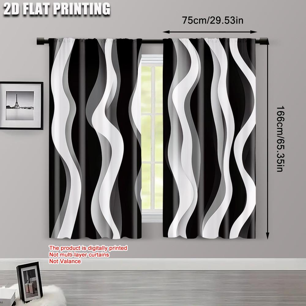 2Pcs Modern Abstract Art Black Striped Light-Filtering Curtain Polyester Drapes For Living Room Office Bedroom Home Decor