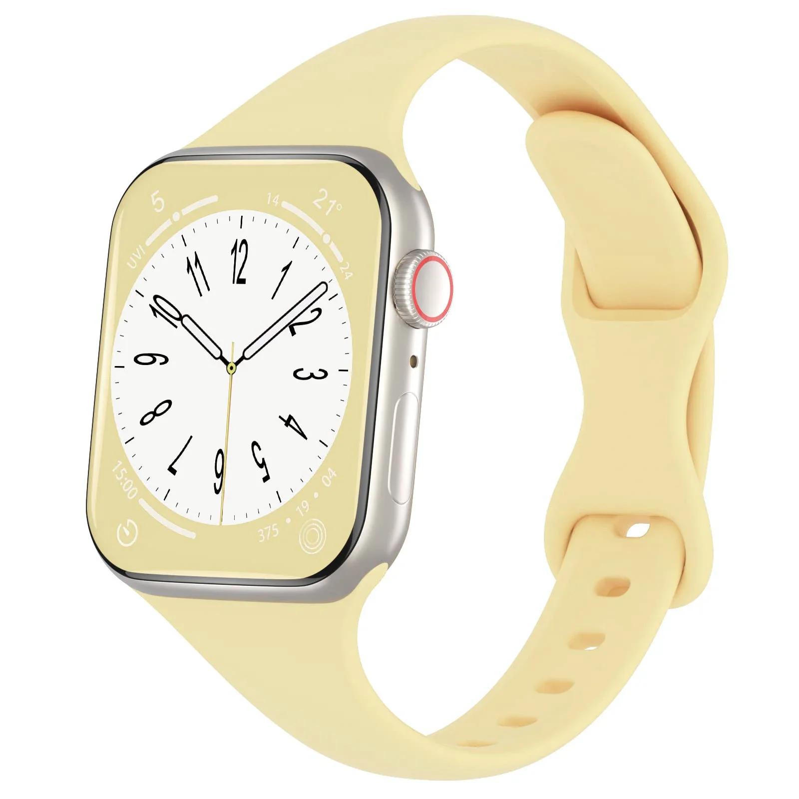 

Тонкий силиконовый ремешок для Apple Watch 49 мм, 40 мм, 44 мм, 45 мм, 41 мм, 38 мм, 42 мм, одноцветный ремешок, браслет для IWatch Series 1, 2, 3, 4, 5, 6 SE, 7, 8, 9 42 44 45 49mm светло-желтого