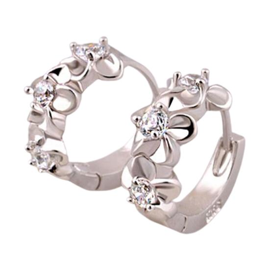 Women Shiny Rhinestone Flower Silver Plated Hoop Earrings Ear Clips for Party