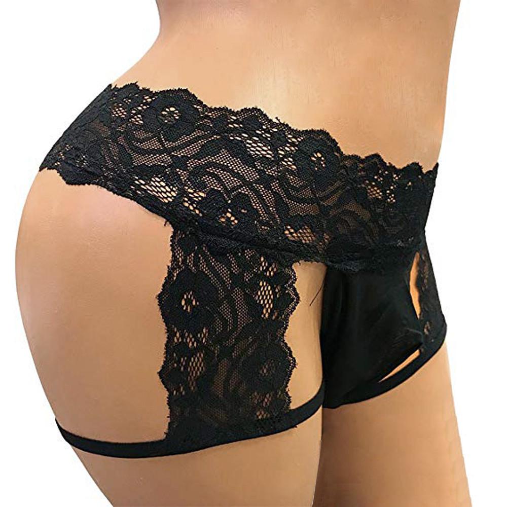 (Kung Pao Chicken)Mens Sissy Underwear Lace Thong Enhance Pouch Bikini Hollow Out Briefs Pants