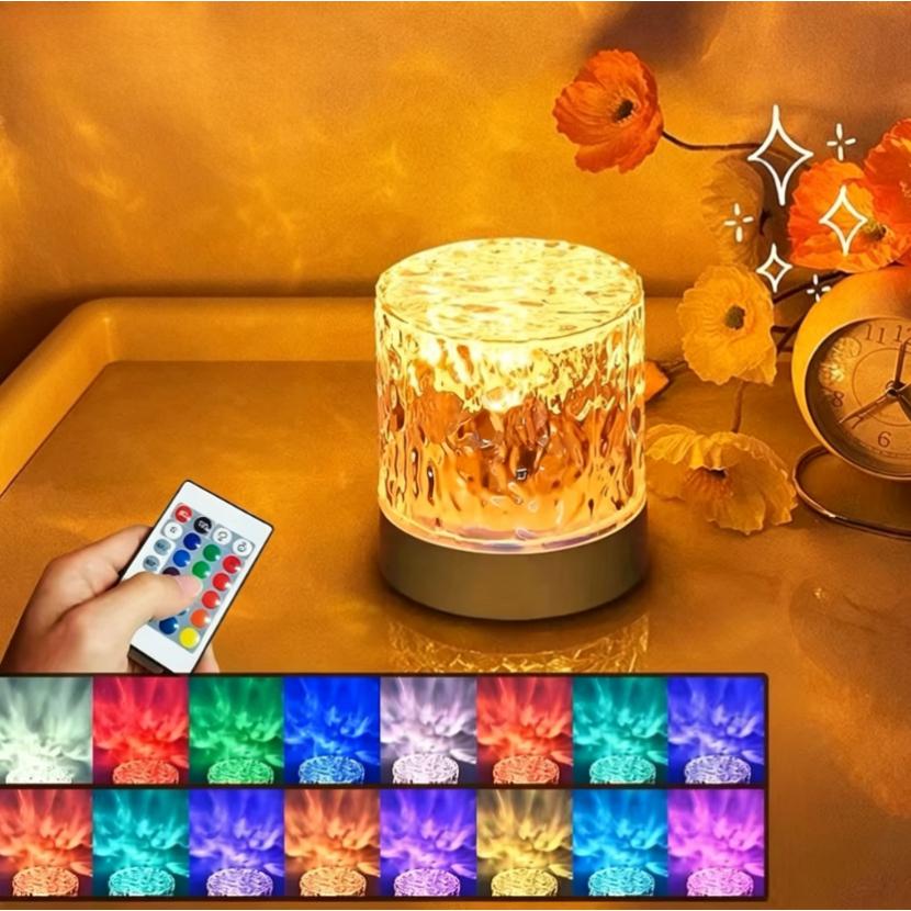 Rechargeable 16-Color LED Water Ripple Projector Night Light with Remote Control, RGB Dimmable Crystal Table Lamp for Bedroom Ambient Decor Cylindrical