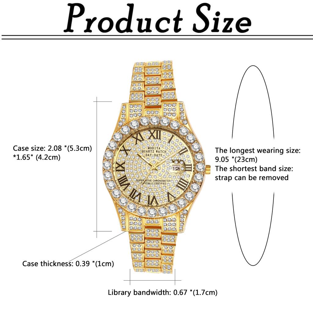 Men's Gold Analog Watch with Roman Numerals, Calendar, Waterproof, Sparkling, Casual, Business, Stainless Steel Band - Perfect for Father's Day, Valen