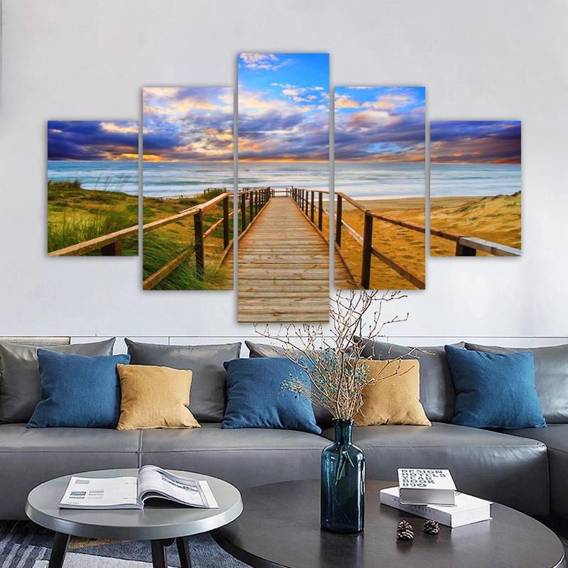 5 Panels Wood Bridge Posters Wall Art Landscape Beach Home Decor Sunset Canvas Prints Natural Painting Modern Pictures NO FRAME