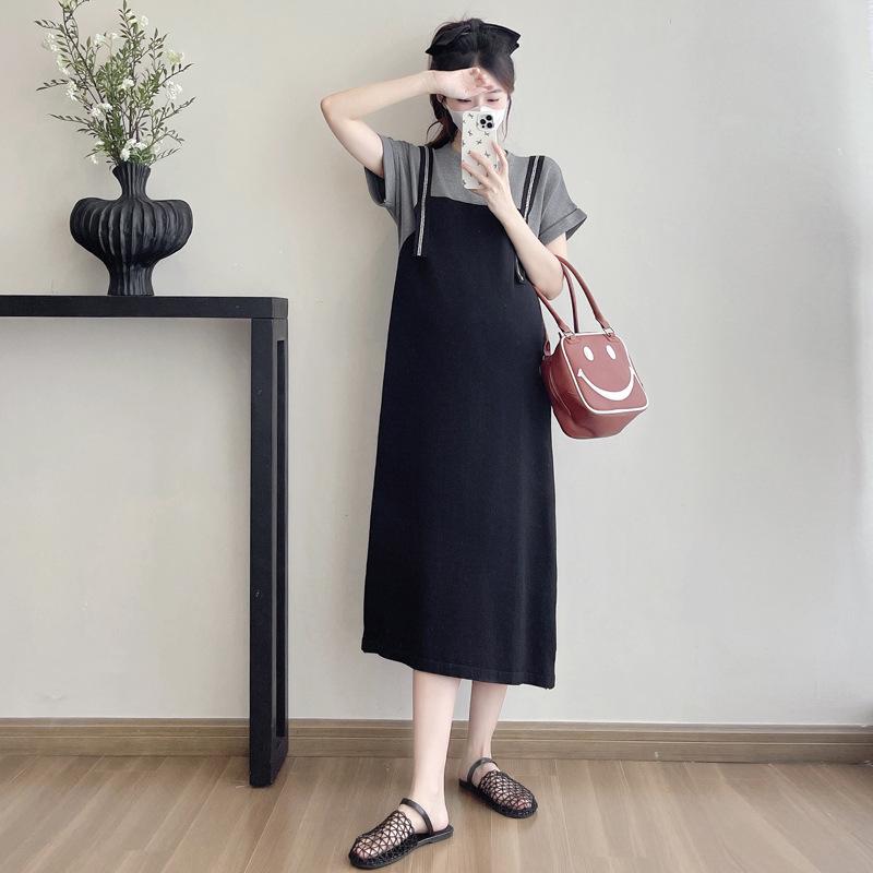 Trendy Patchwork Maternity Dress - French Casual Summer Skirt Medium