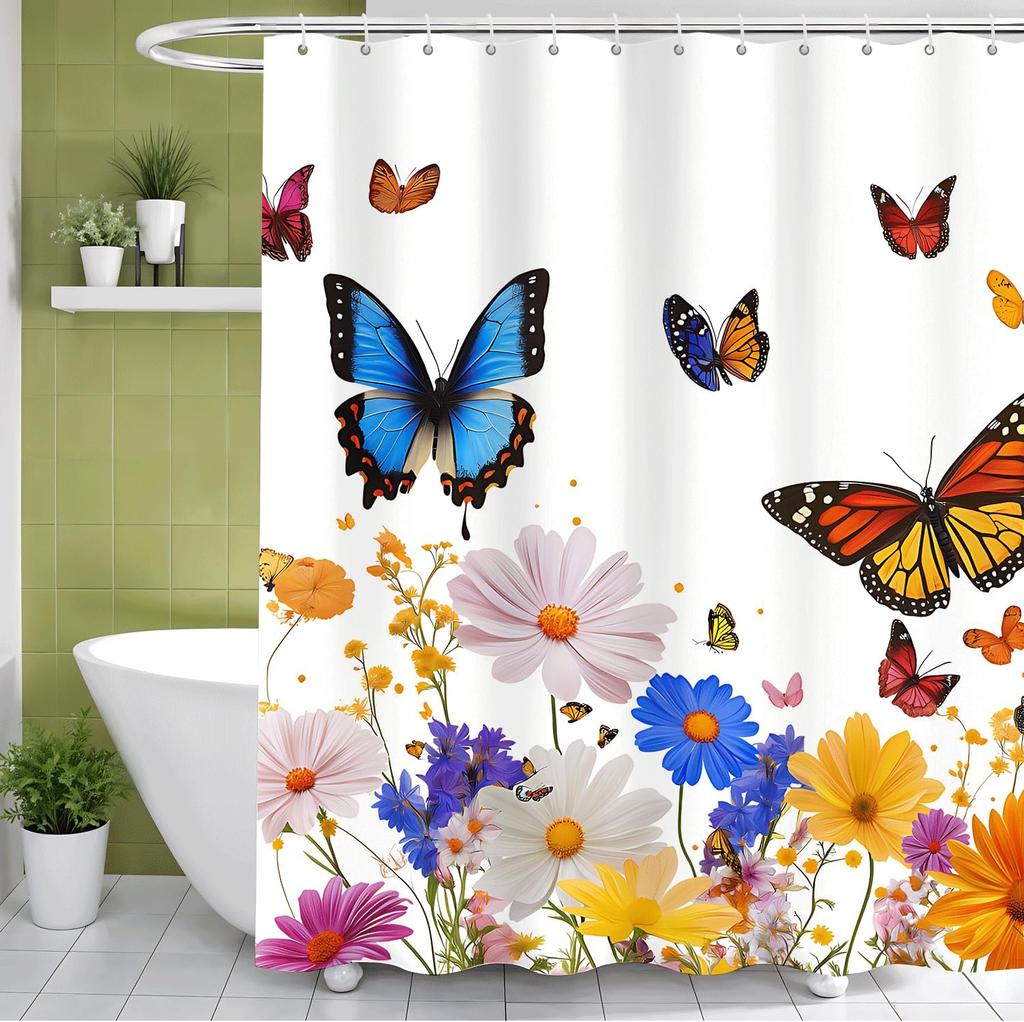 Flowers Butterflies Shower Curtain with Hooks Bathroom Curtain Decor Shower Curtain Waterproof Machine Washable
