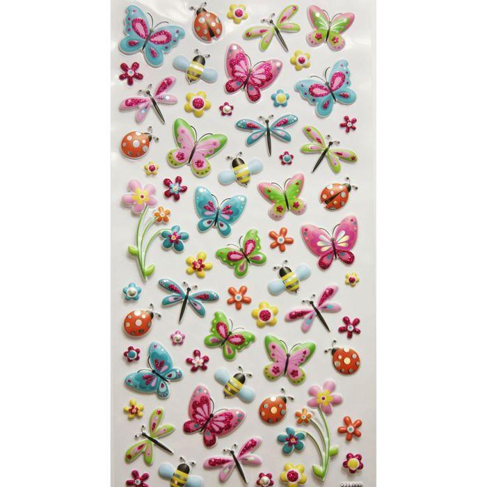 Autocollants - GLOBAL GIFT - Papillons et fleurs - Réutilisables - Relief 3D - Multicolore