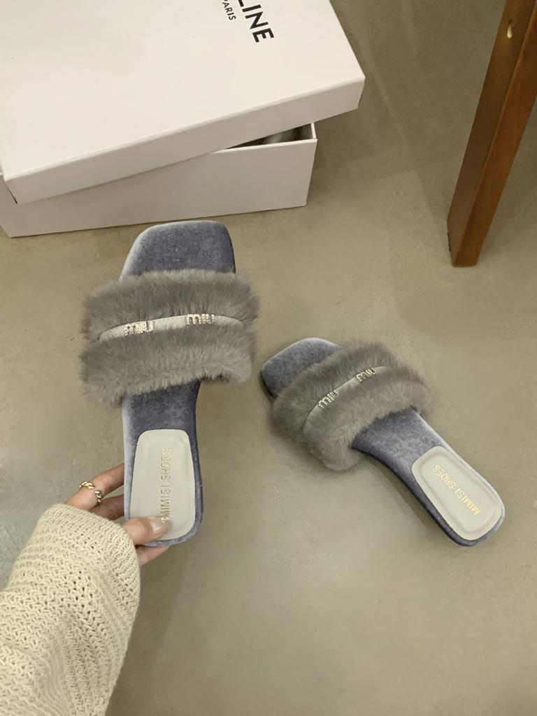 French Retro Flats Women Wear Gray Small Fragrant Style Word with Lazy Fluffy Half Slippers Internet Celebrity Ins