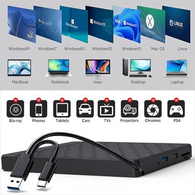 Lecteur CD/DVD externe LJIAL pour ordinateur portable, graveur CD USB 3.0 avec 2 ports USB et 2 emplacements pour cartes TF/SD Lecteur DVD pour ordinateur portable Mac PC