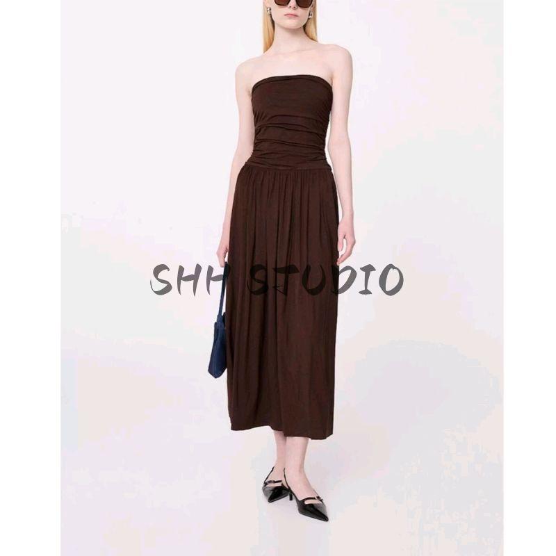 Summer New Arrival Women's Clothing Seaside Vacation Style Brown Patchwork Bandeau Slim-Fit Ruched Dress 87039213