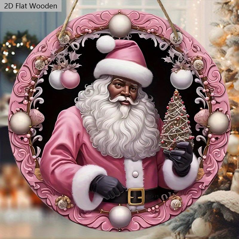 Pink Christmas Wooden Sign with Black Santa Claus Pattern - Navidad Round Sign for Yard Door Wall Hanging Decor - Ideal Christmas Decoration