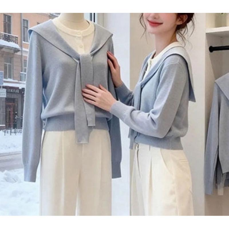 Shawl sweet temperament splicing sweater knitted sweater women's spring autumn and winter new fake two-piece top