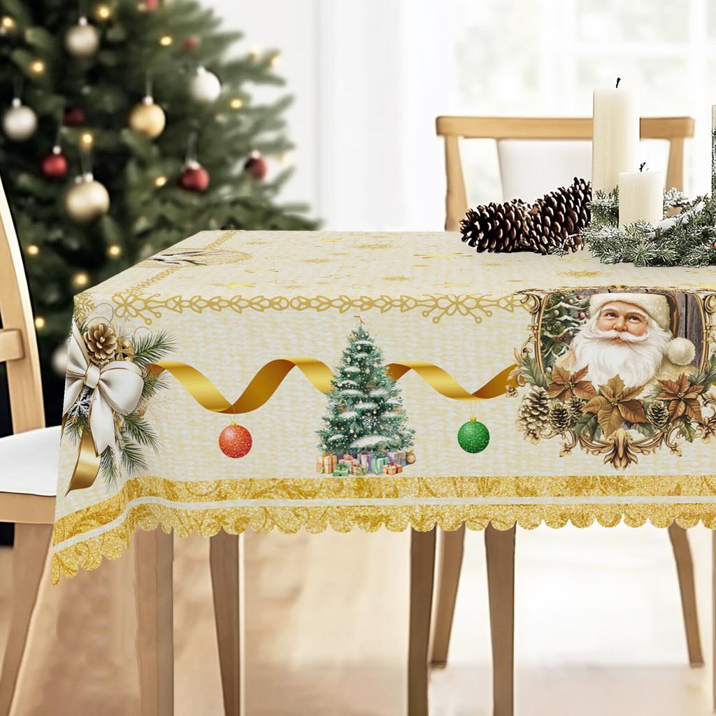 1 Stück Weihnachts-Rund- und Rechteck-Tischdecke, verschiedene Größen, Vintage Weihnachtsmann und Schneemann Geschenkbox Goldband Druckmuster Tischdecke, S