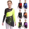 Sparkling Rhinestones Color Block Leotard for Girls: Long Sleeve Sheer Mesh Patchwork Design for Rhythmic Gymnastics Performance