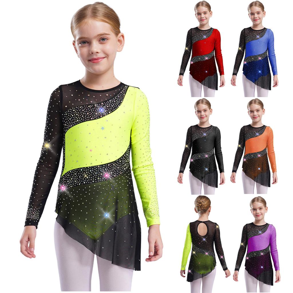 Kids Girls Gymnastics Competition Costume: Sheer Mesh Patchwork Long Sleeve Leotard with Color Block & Sparkling Rhinestones