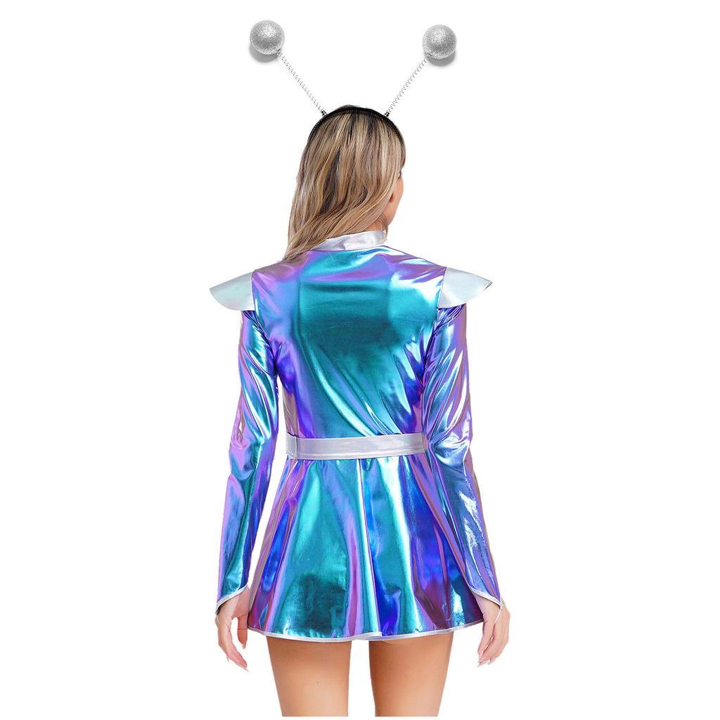 S-XXL Damen Rollenspiel Außerirdischenkleid: Halloween Astronauten Kostüm, Metallisch A-Linie mit Haarreif & Einfachem Frontreißverschluss