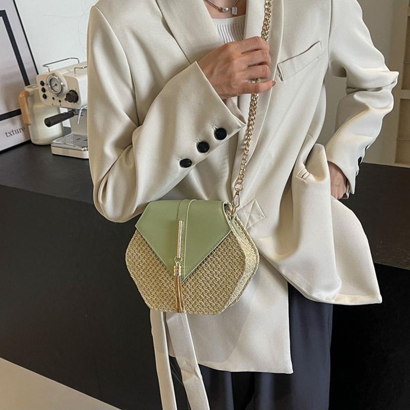 Dámská plážová taška Tote ze slámy a kůže Dámská letní ratanová taška přes rameno Dívčí ručně pletená bohémská crossbody taška