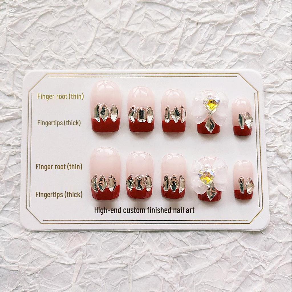 French Big Bow Diamond Press-On Nails: Medium Long Length Bridal Art Stickers