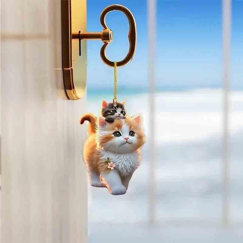 Cute Cat Car Pendant 3D Acrylic Flat Decoration Pendant Car Rearview Mirror Backpack Simulated Animals Decorative Accessories