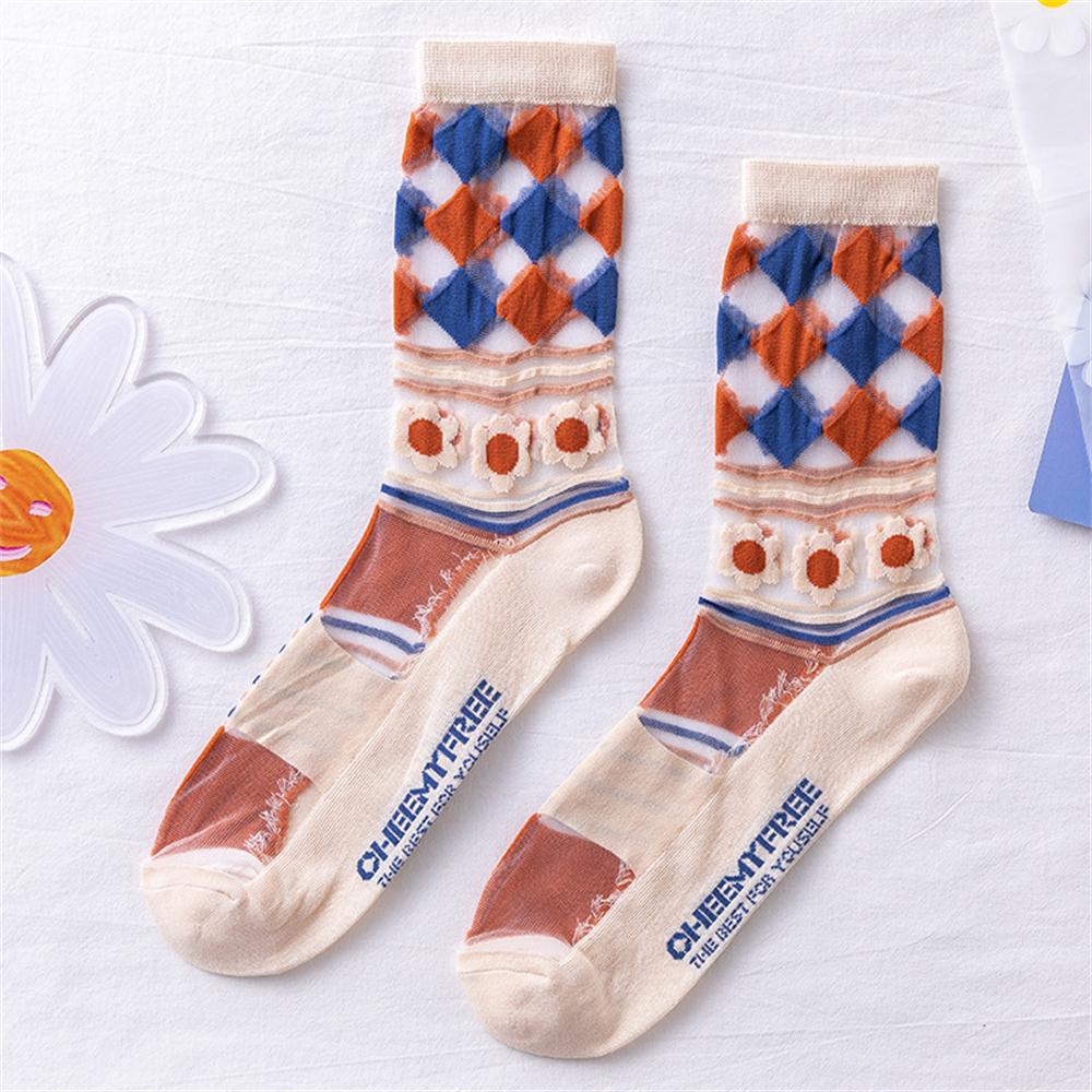 Chic Été Dames Mi-Tube Dentelle Épissage Coton Maille Respirant Fin Soie de Verre Cristal Petite Vigne de Fleurs Chaussettes Dropship