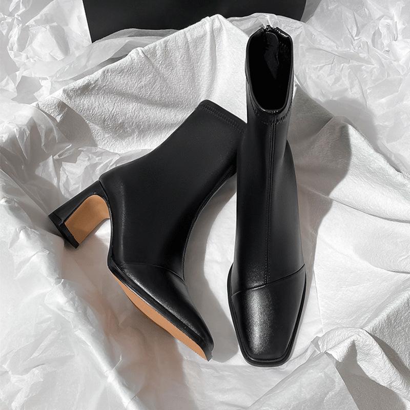 Brown Short Boots Women's High Heel Autumn and Winter Thick Heel French Temperament Rear Zipper Square Head Elastic